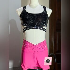 SALE! Kandi Kouture Rhinestone Two Piece Pink and Black Dance Costume/Pro Cheer